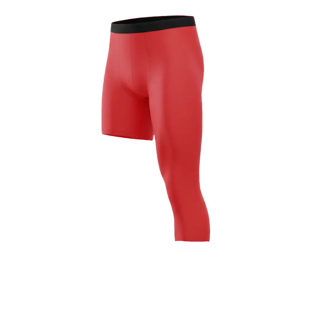 Red athletic shorts with black waistband on a white background