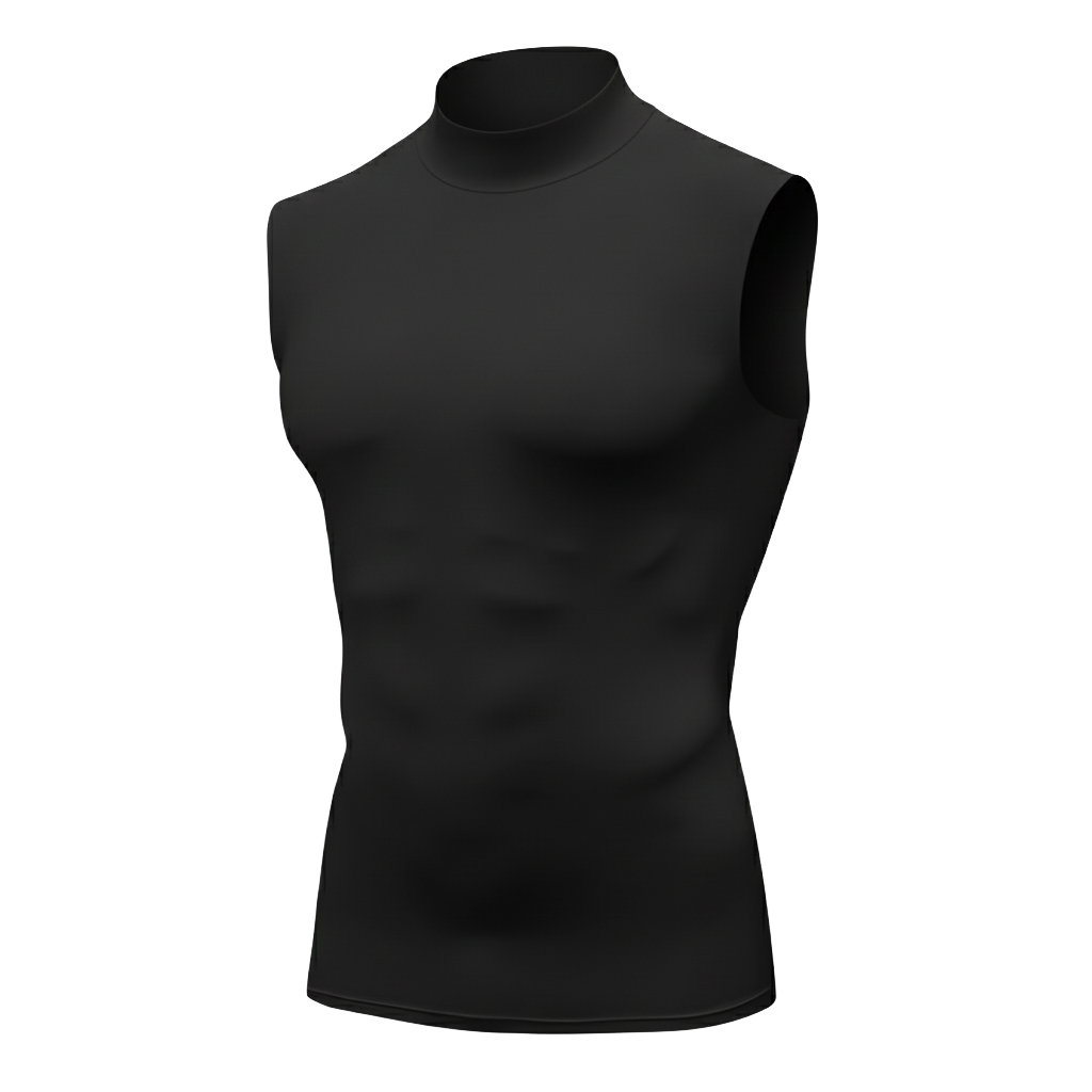 Black sleeveless mock neck shirt on a white background