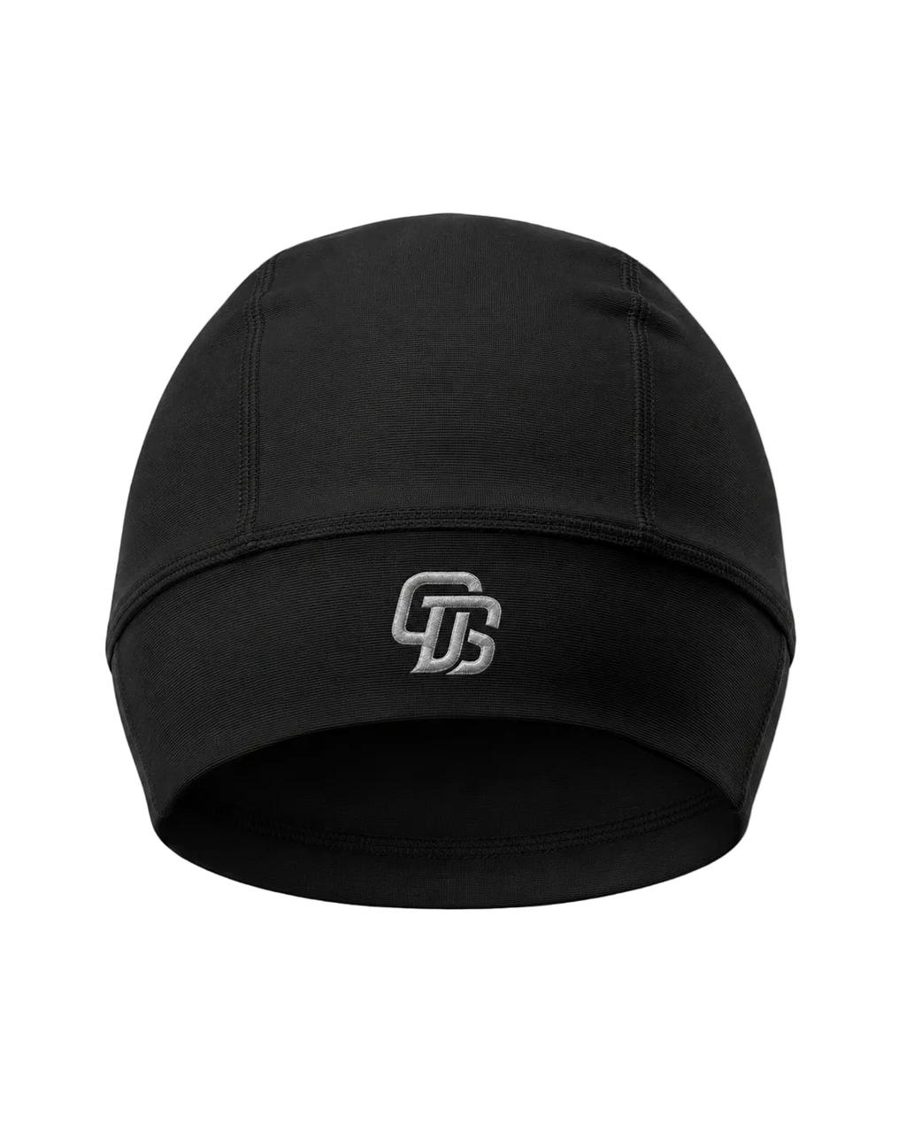 Black beanie with a logo on a light gray background