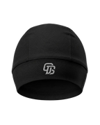 Black beanie with a logo on a light gray background