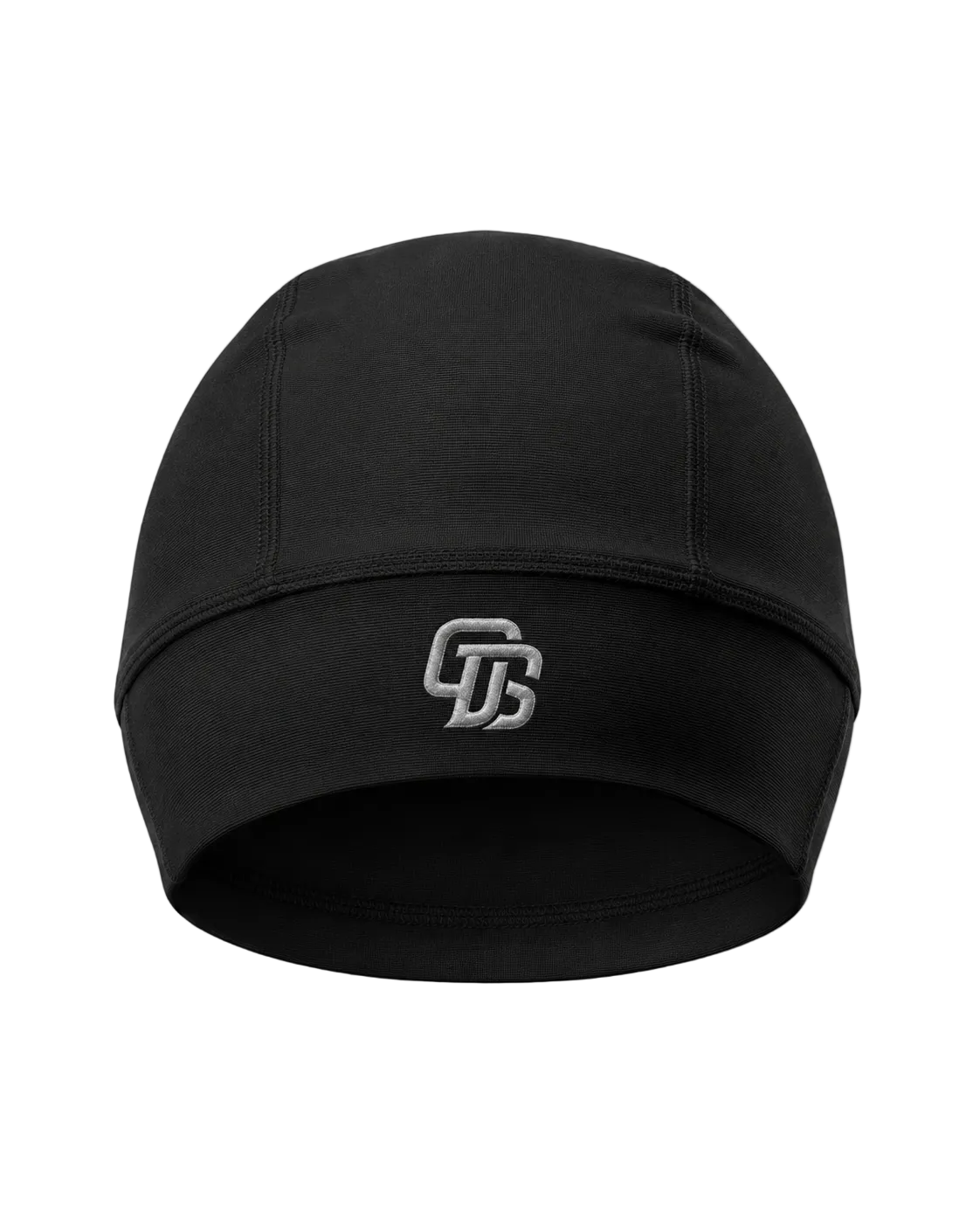 Black beanie with a logo on a light gray background