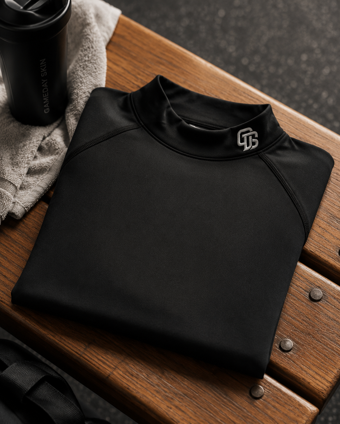 Black long-sleeve shirt with a logo on a wooden surface next to a black tumbler and gray towel.