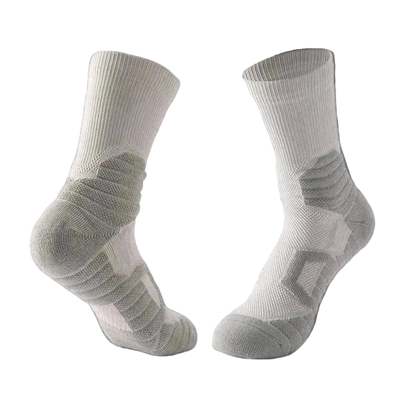 Pair of gray socks with a geometric pattern on a white background