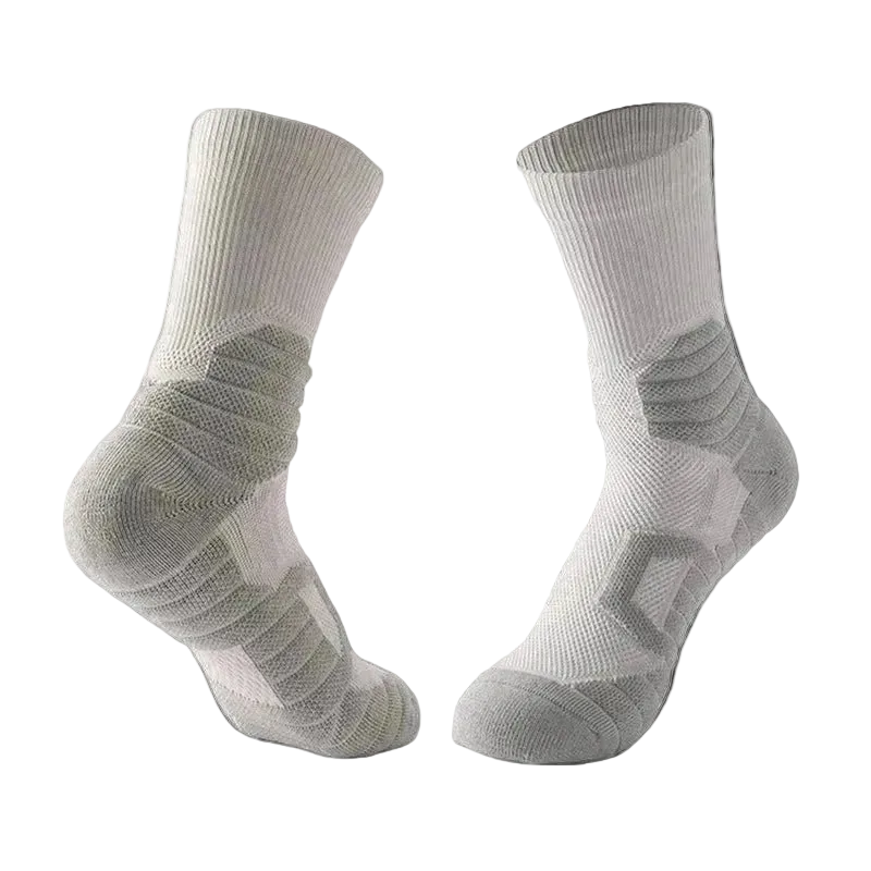 Pair of gray socks with a brand logo on a white background