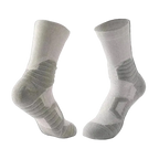 Pair of gray socks with a brand logo on a white background