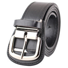 Black leather belt with silver buckle on a white background