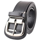 Black leather belt with silver buckle on a white background