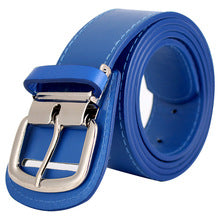 Blue belt with a silver buckle on a white background