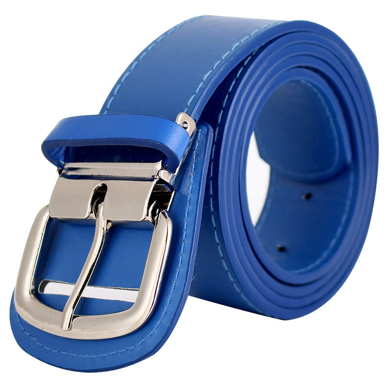Blue belt with a silver buckle on a white background