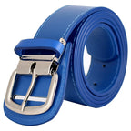 Blue belt with a silver buckle on a white background