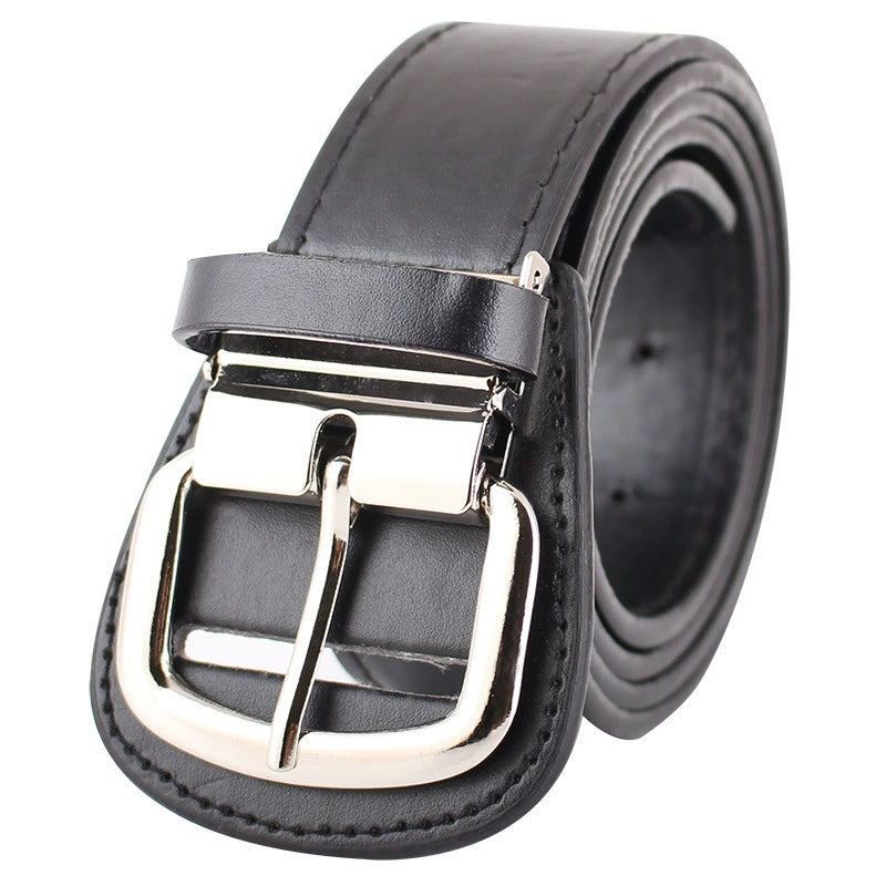 Black leather belt with a silver buckle on a white background