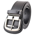 Black leather belt with a silver buckle on a white background