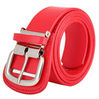 Red belt with a silver buckle on a white background