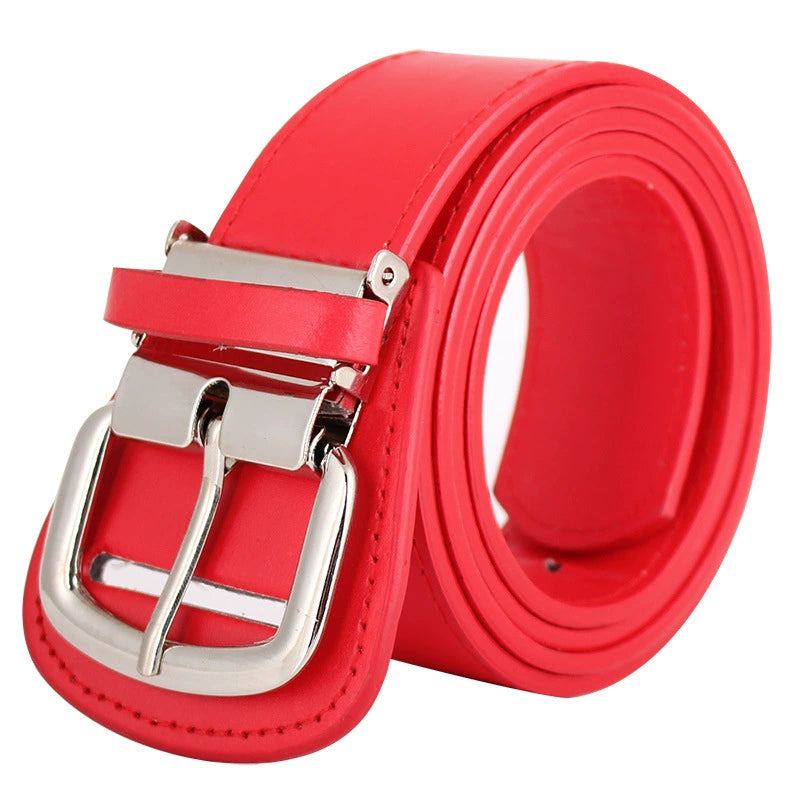 Red belt with a silver buckle on a white background