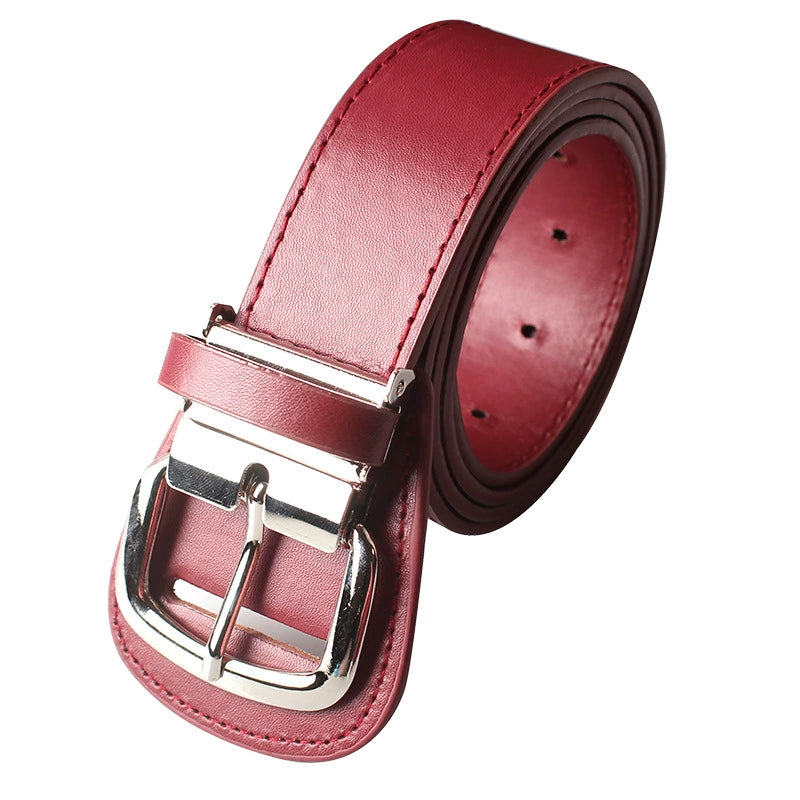 Red leather belt with a silver buckle on a white background