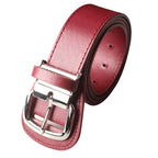 Red leather belt with a silver buckle on a white background