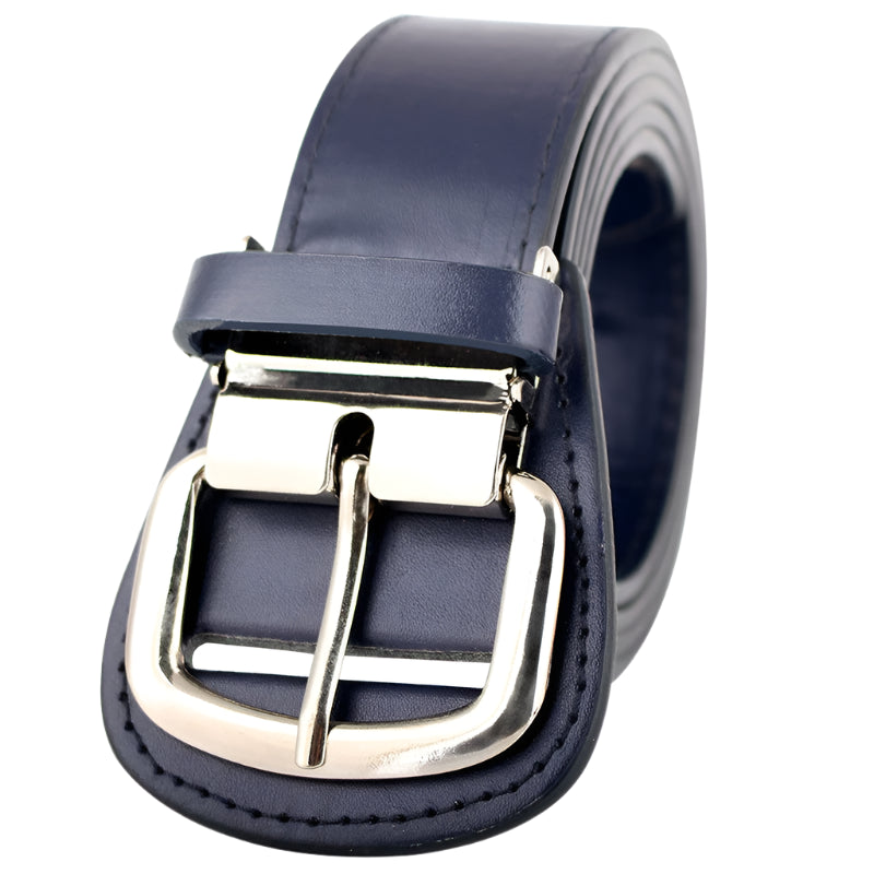 Navy blue leather belt with a silver buckle on a white background