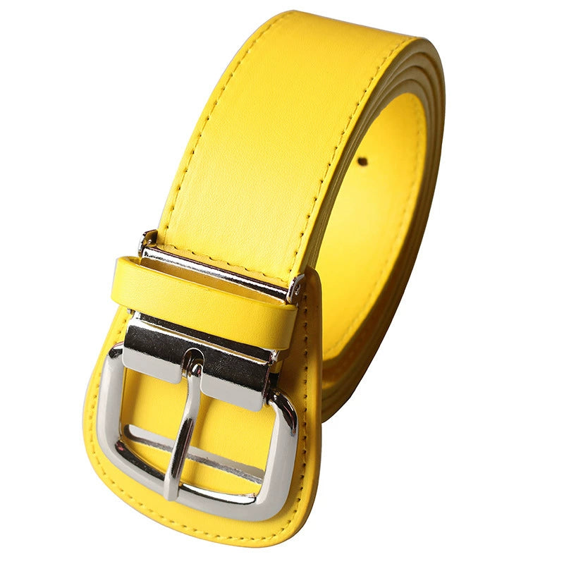 Yellow belt with a silver buckle on a white background