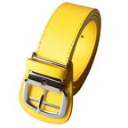 Yellow belt with a silver buckle on a white background