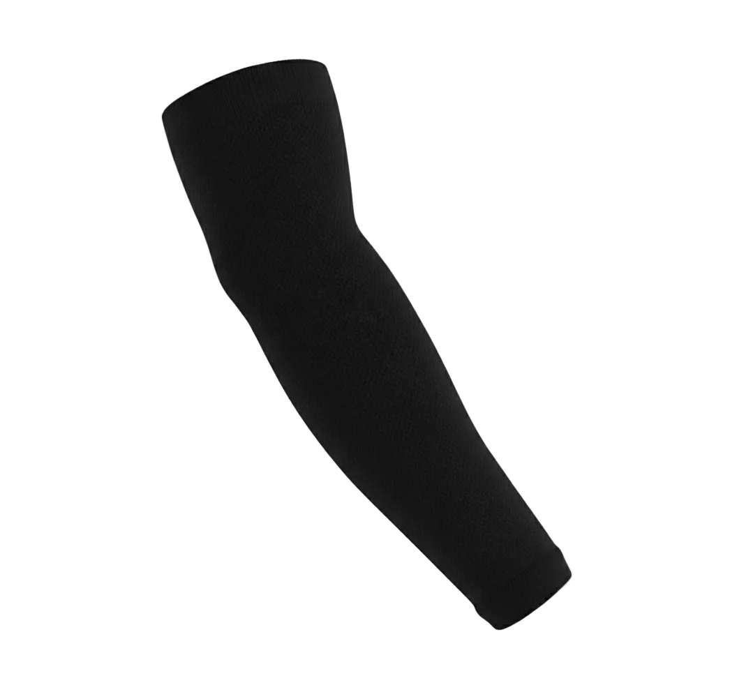 Black nylon sports arm sleeve on a light gray background