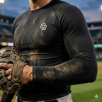 Person wearing a black long-sleeve shirt with a logo, holding a baseball glove on a field.