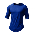 Blue athletic shirt with short sleeves on a white background