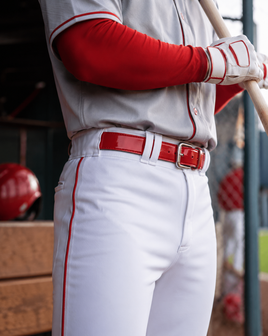 Baseball player in red and white uniform holding a bat in a dugout.