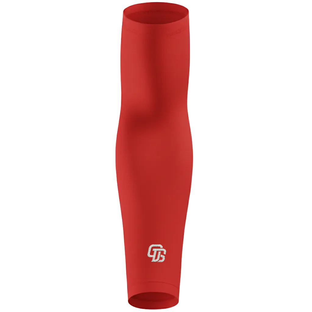 Red compression sleeve with a logo on a white background