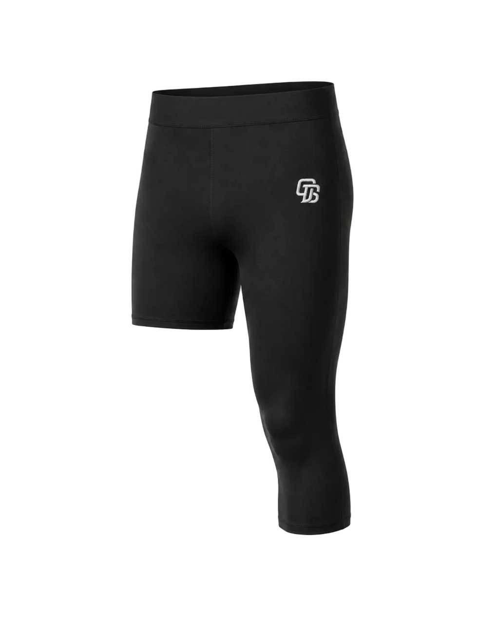 Black athletic shorts with a logo on a white background