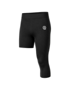 Black athletic shorts with a logo on a white background