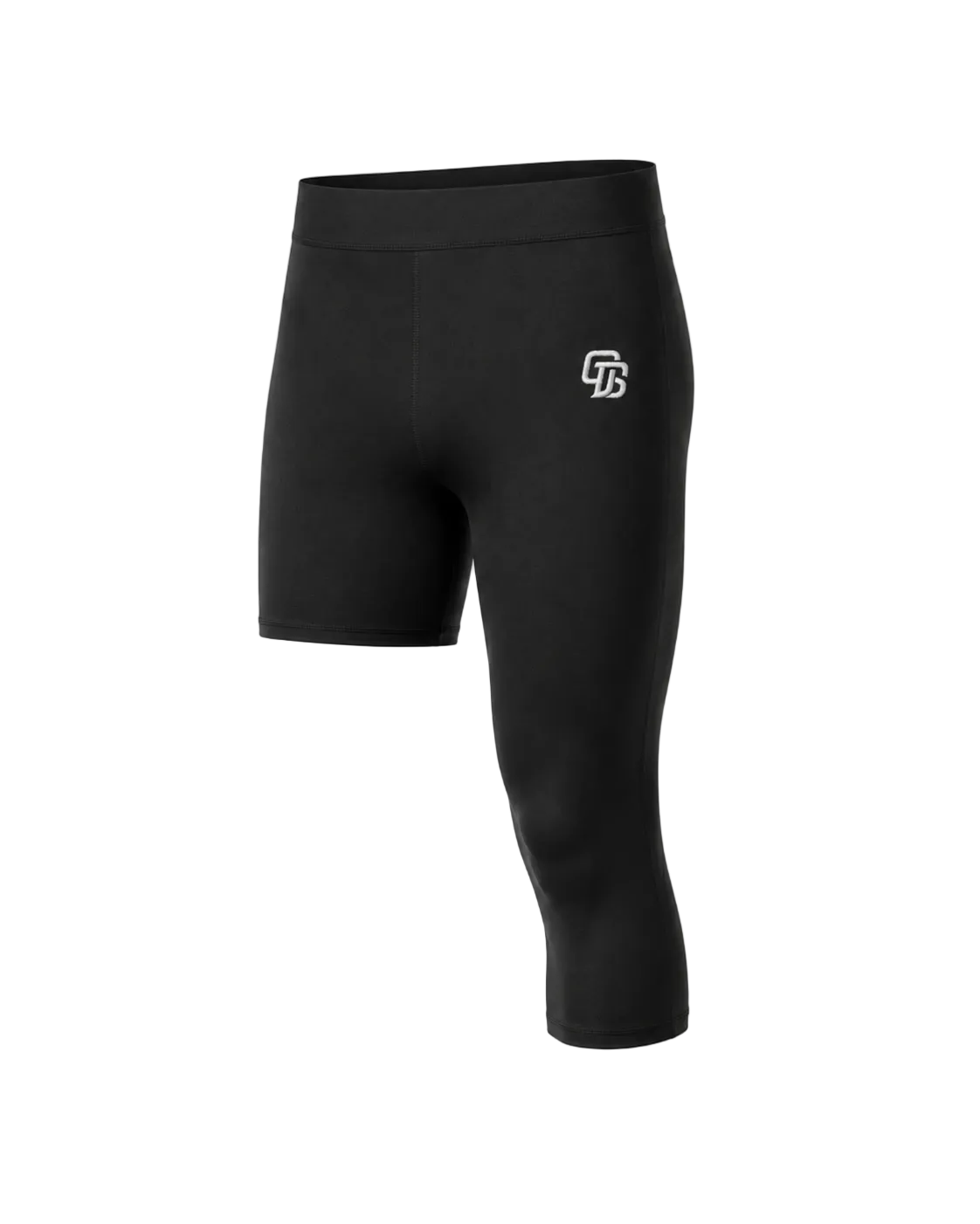 Black athletic shorts with a logo on a white background