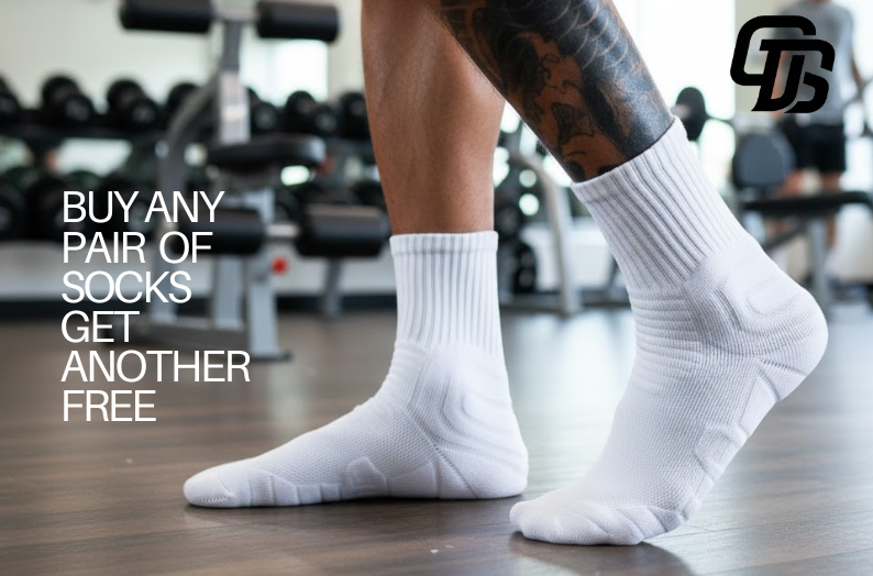 Advertisement for GamedaySkin.com Black Friday offer with a person wearing white socks in a gym setting.