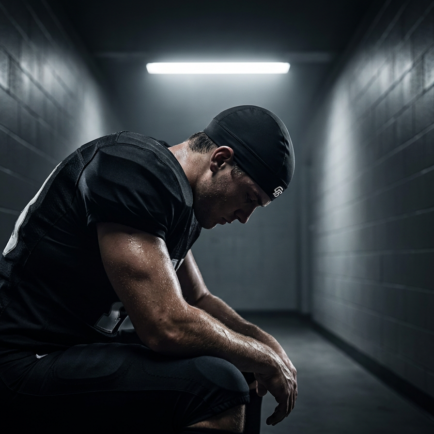 Man sitting in a dark hallway with a light above him