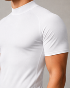 White compression shirt sleeve and seam detail for athletic team apparel