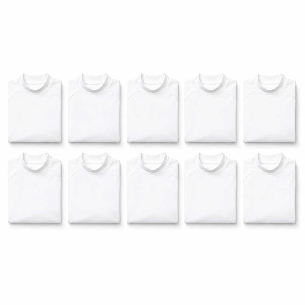 White mock neck compression shirt 10-pack folded in grid layout