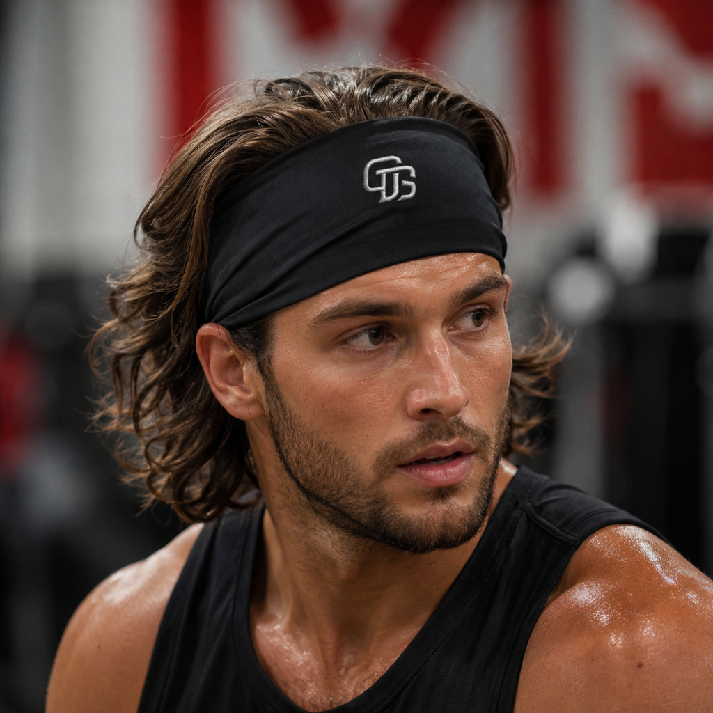 Man with a headband and athletic wear in an indoor setting