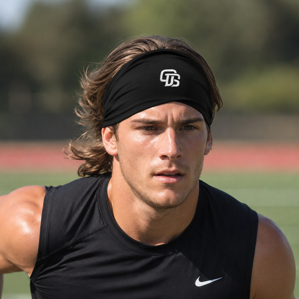 Athlete wearing a black headband with a logo on a sports field