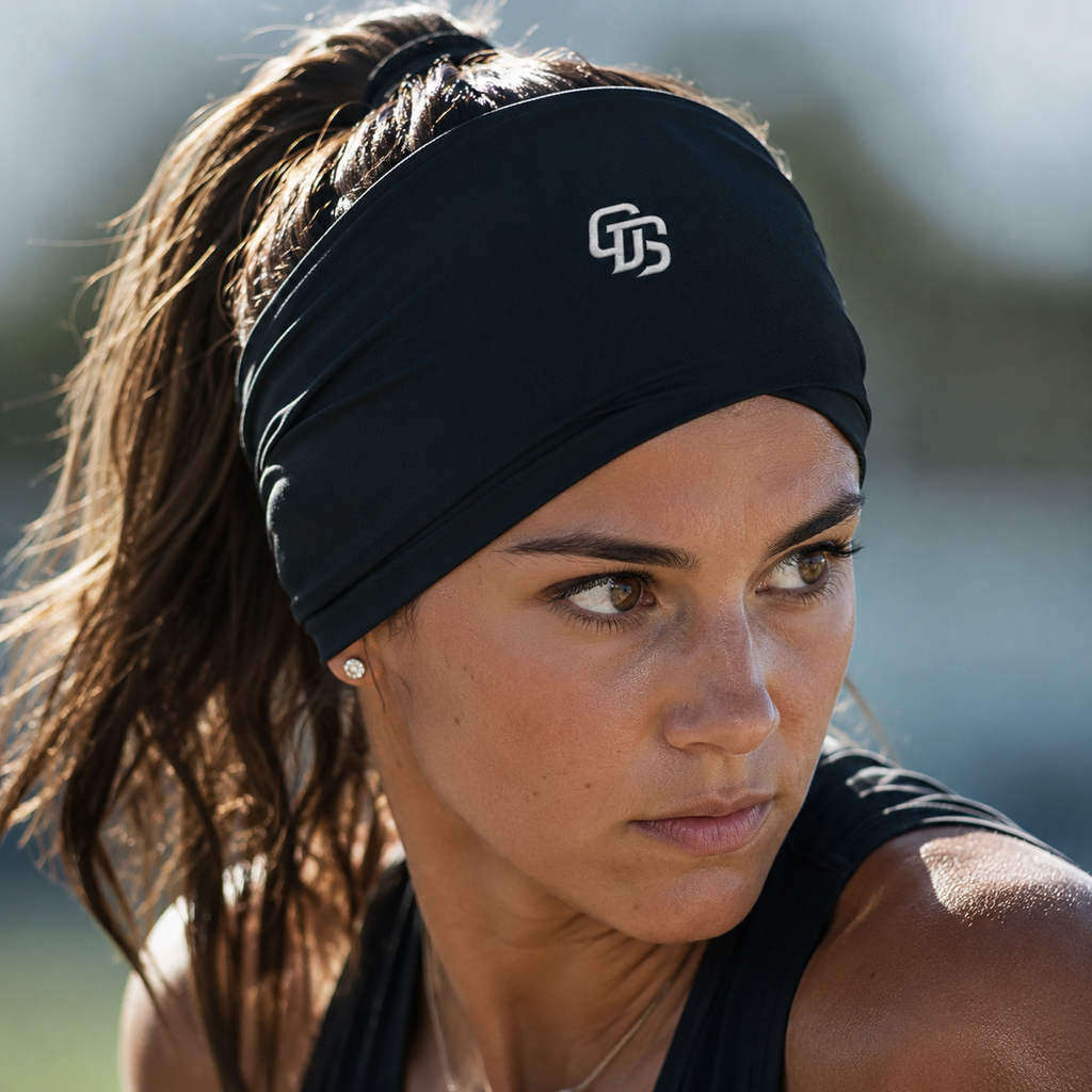 Woman wearing a black headband with a logo, looking off to the side.