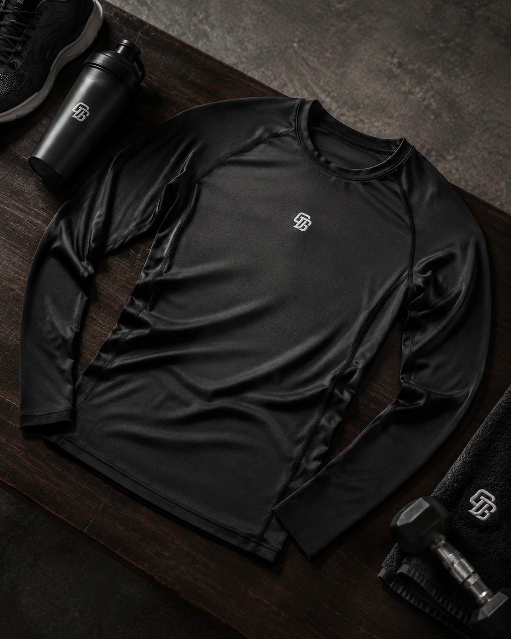 Black athletic shirt with a logo on a wooden surface, surrounded by gym equipment.