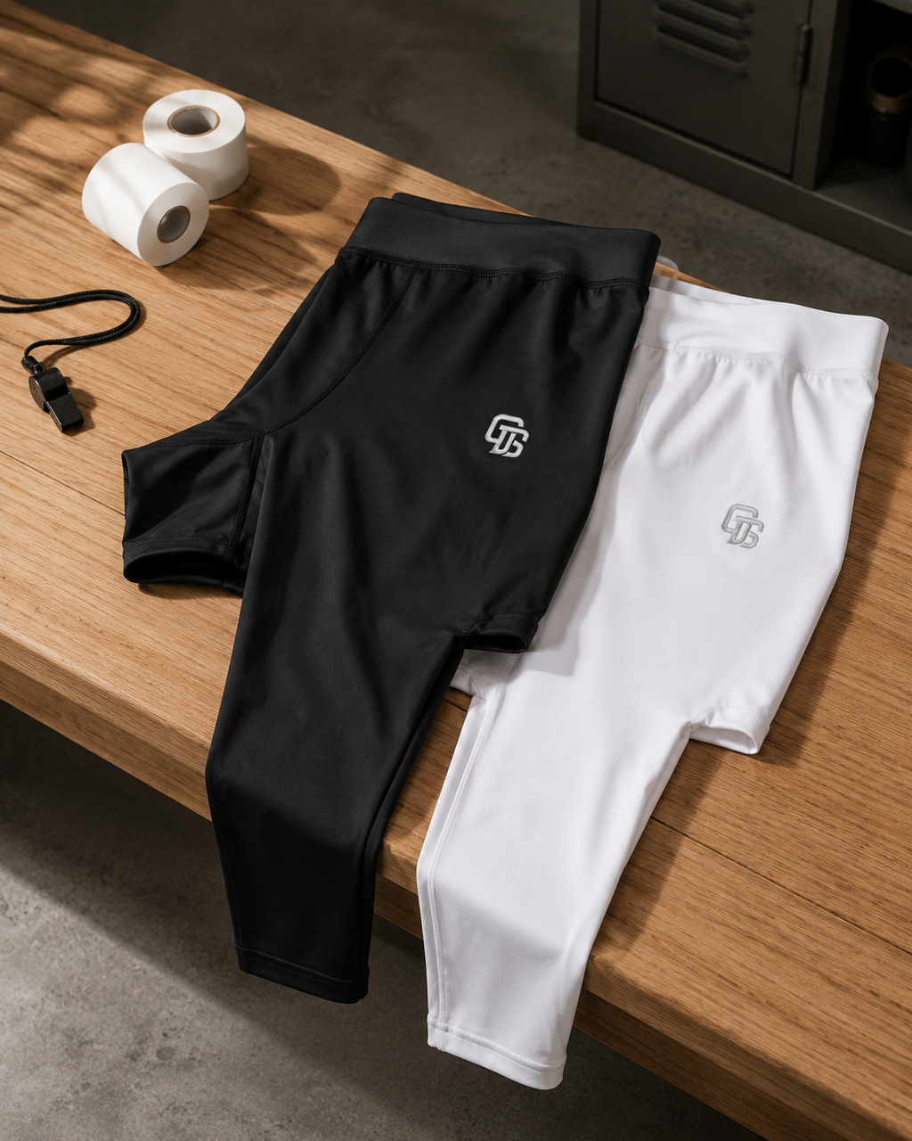 Black and white athletic pants with a logo on a wooden surface.
