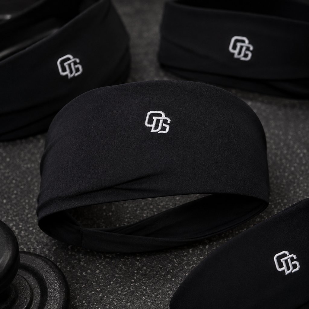 Black headbands with a logo on a textured surface