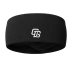 Black headband with a logo on a gray background