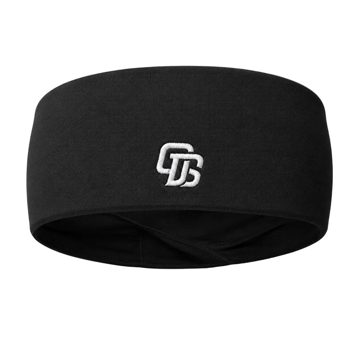 Black headband with a logo on a gray background