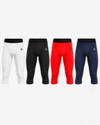 Four pairs of leggings in white, black, red, and navy on a white background