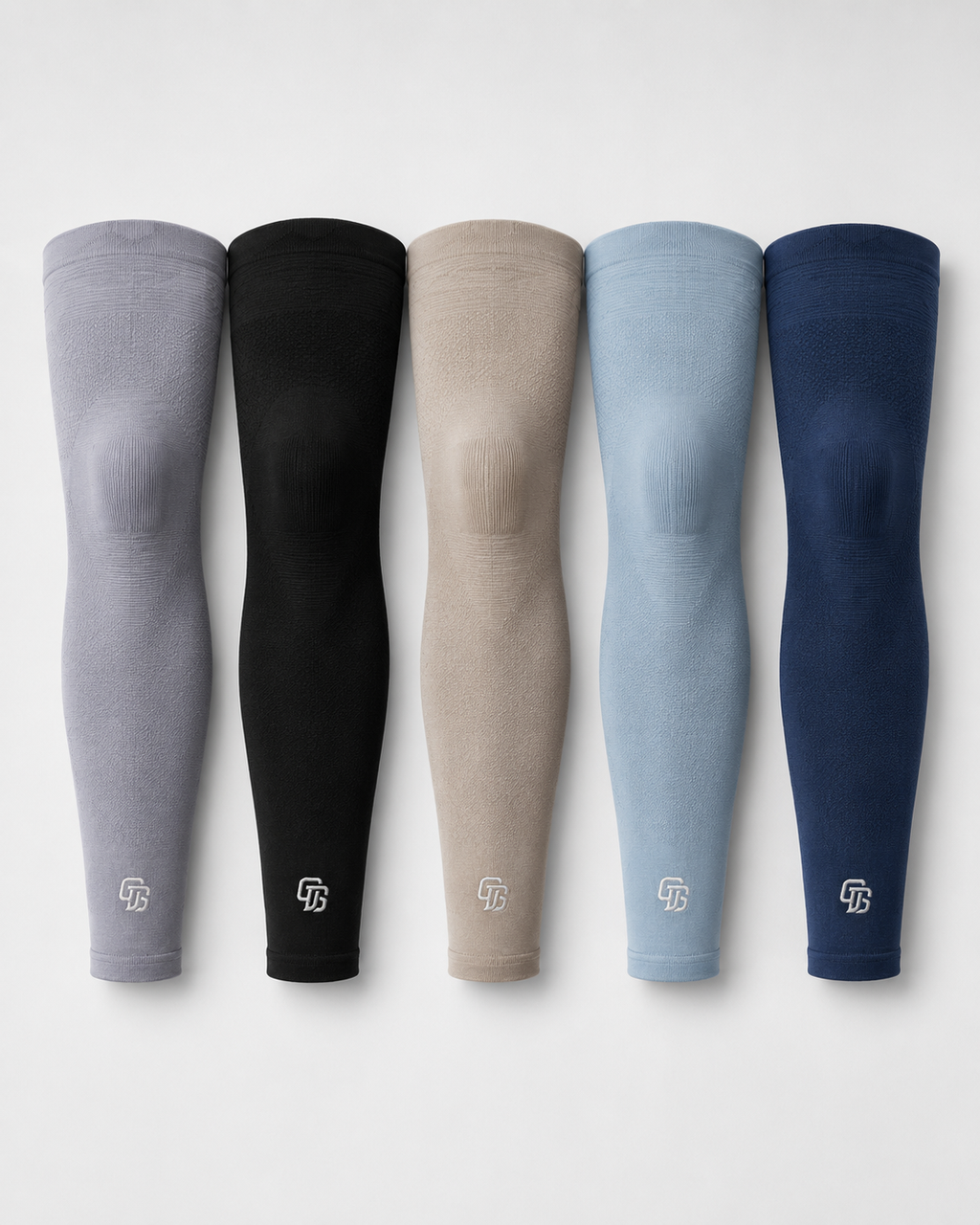 Five arm sleeves in gray, black, beige, blue, and navy on a white background.