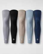Five arm sleeves in gray, black, beige, blue, and navy on a white background.