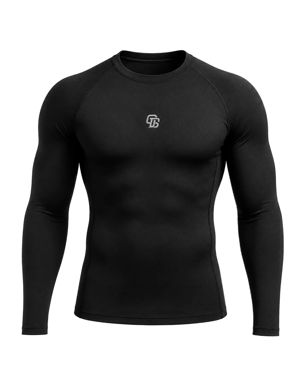 Black long-sleeve athletic shirt with a logo on a white background