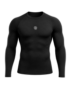 Black long-sleeve athletic shirt with a logo on a white background