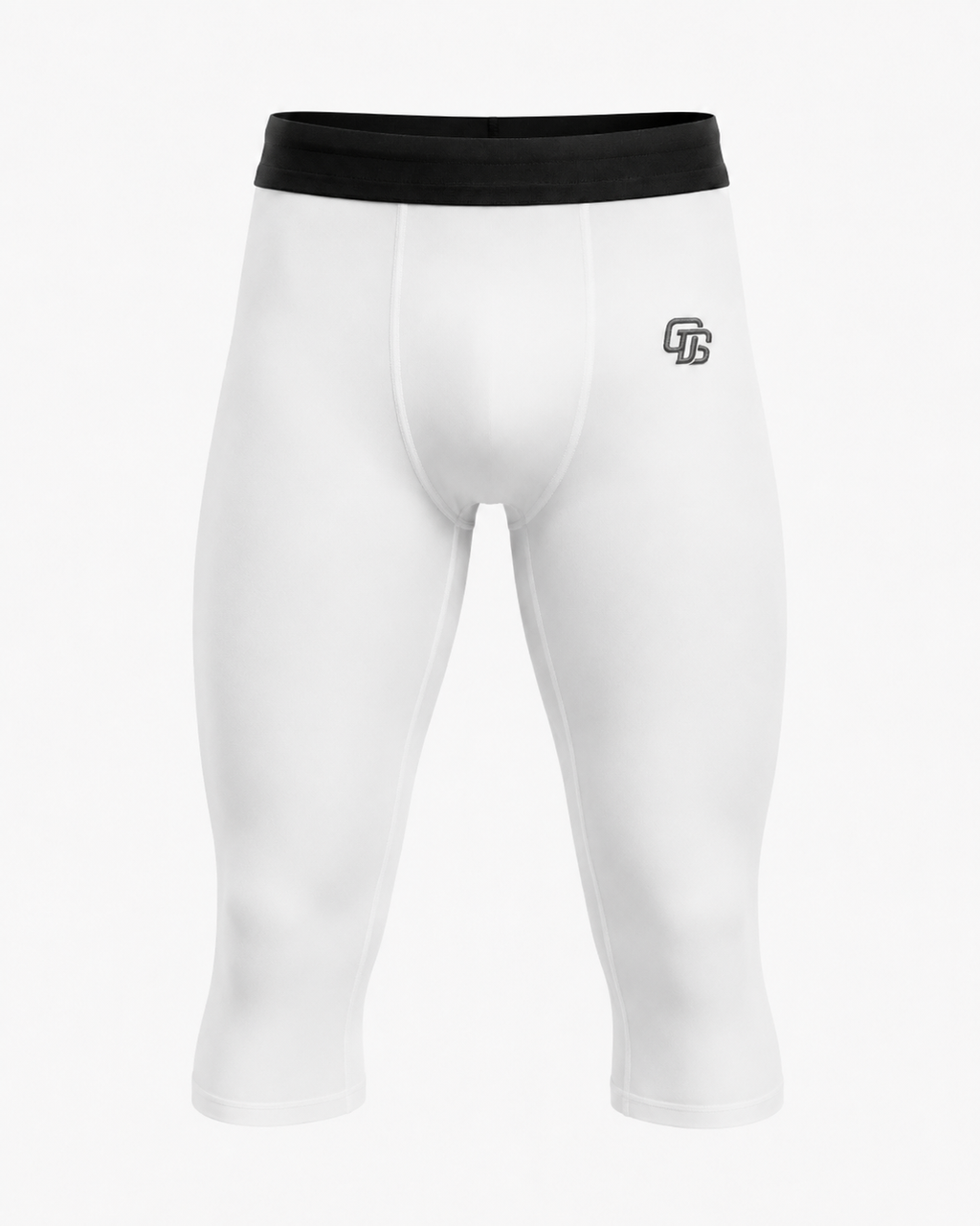 White athletic leggings with black waistband on a white background