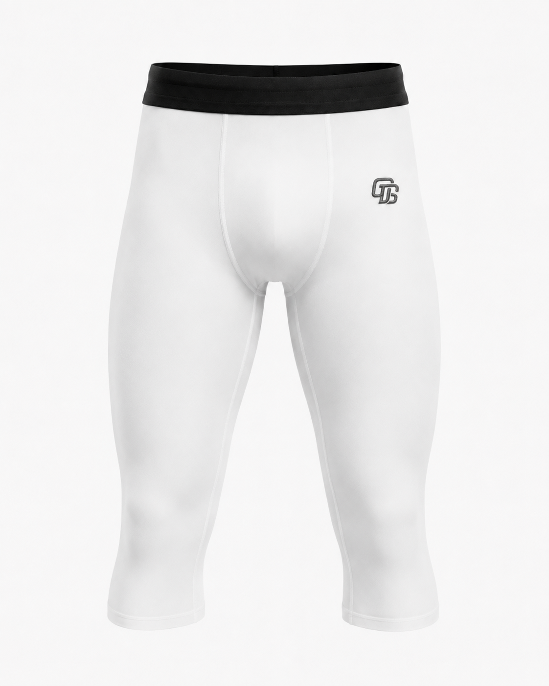 White athletic leggings with black waistband on a white background